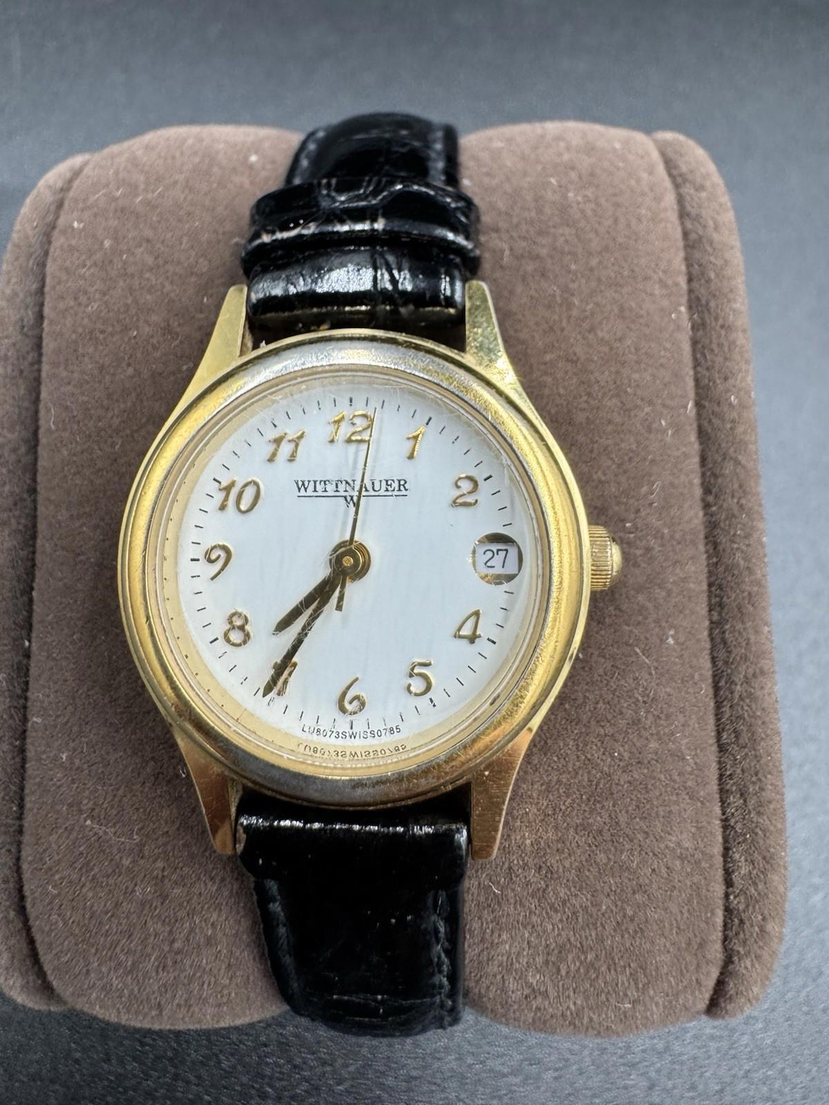 Vintage Wittnauer Women's Gold Tone Quartz Watch White Dial Date Swiss Made