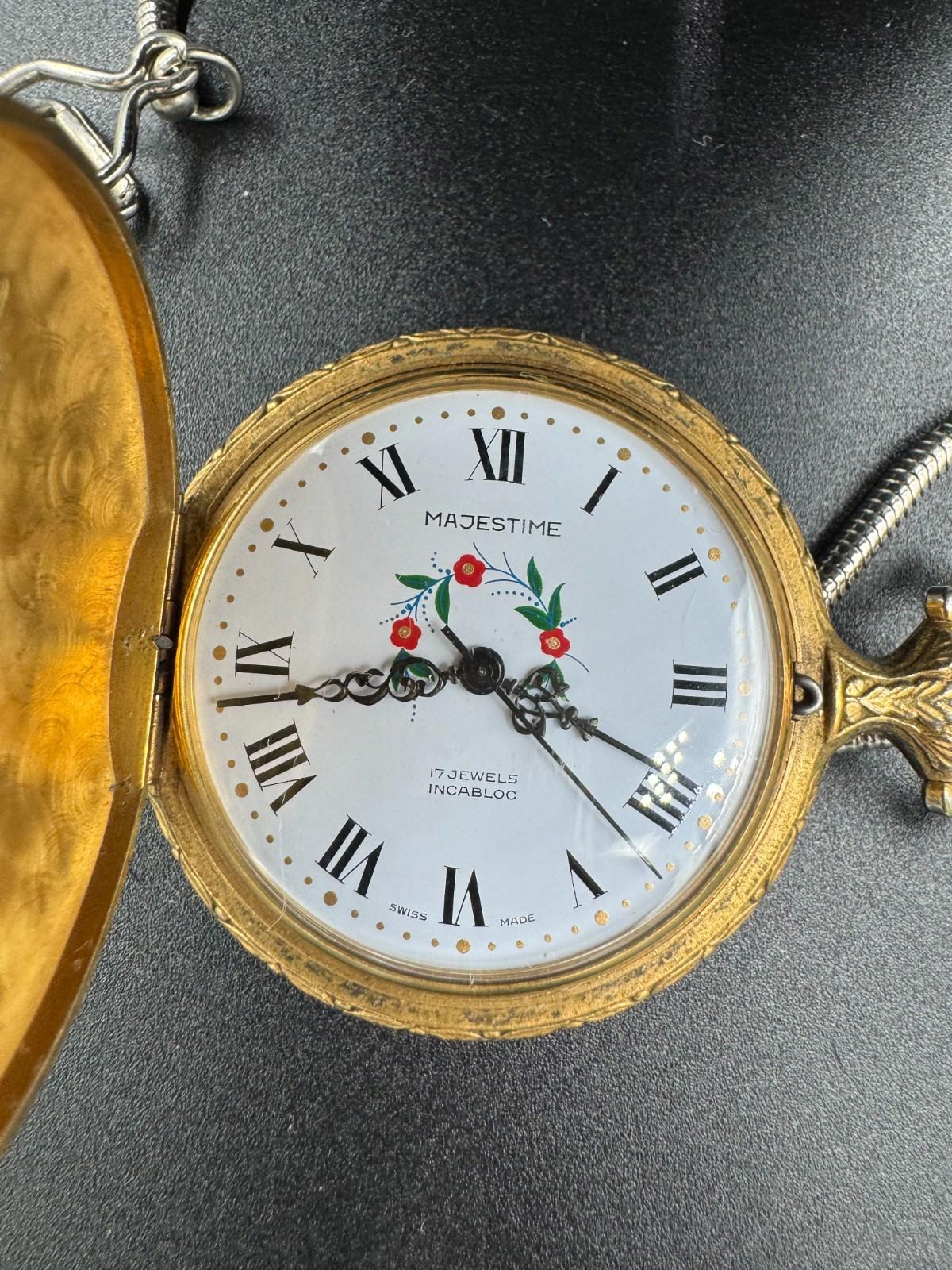Vintage Majestime Swiss 17 Jewels Incabloc Deer Hunter Pocket Watch Chain To Dad