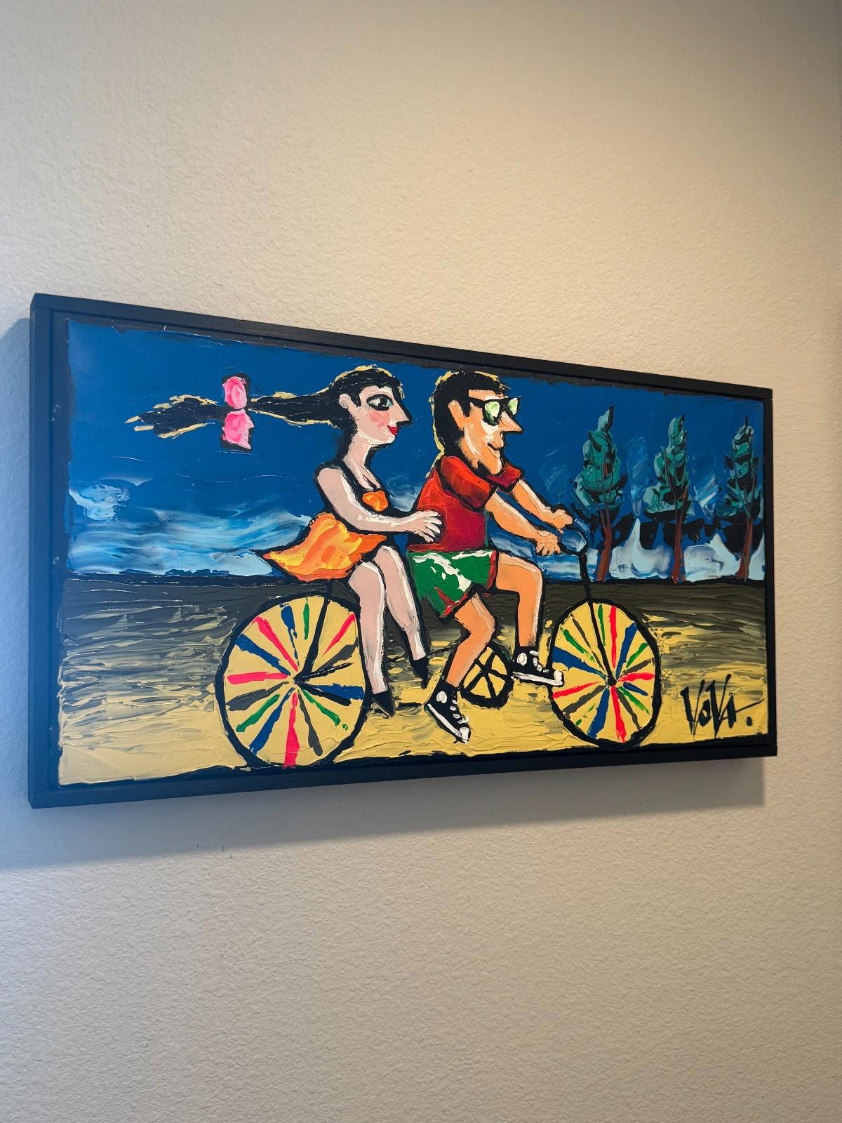 Original Vova Vladimir Mingar Acrylic Painting Bicycle Couple Signed with COA NM