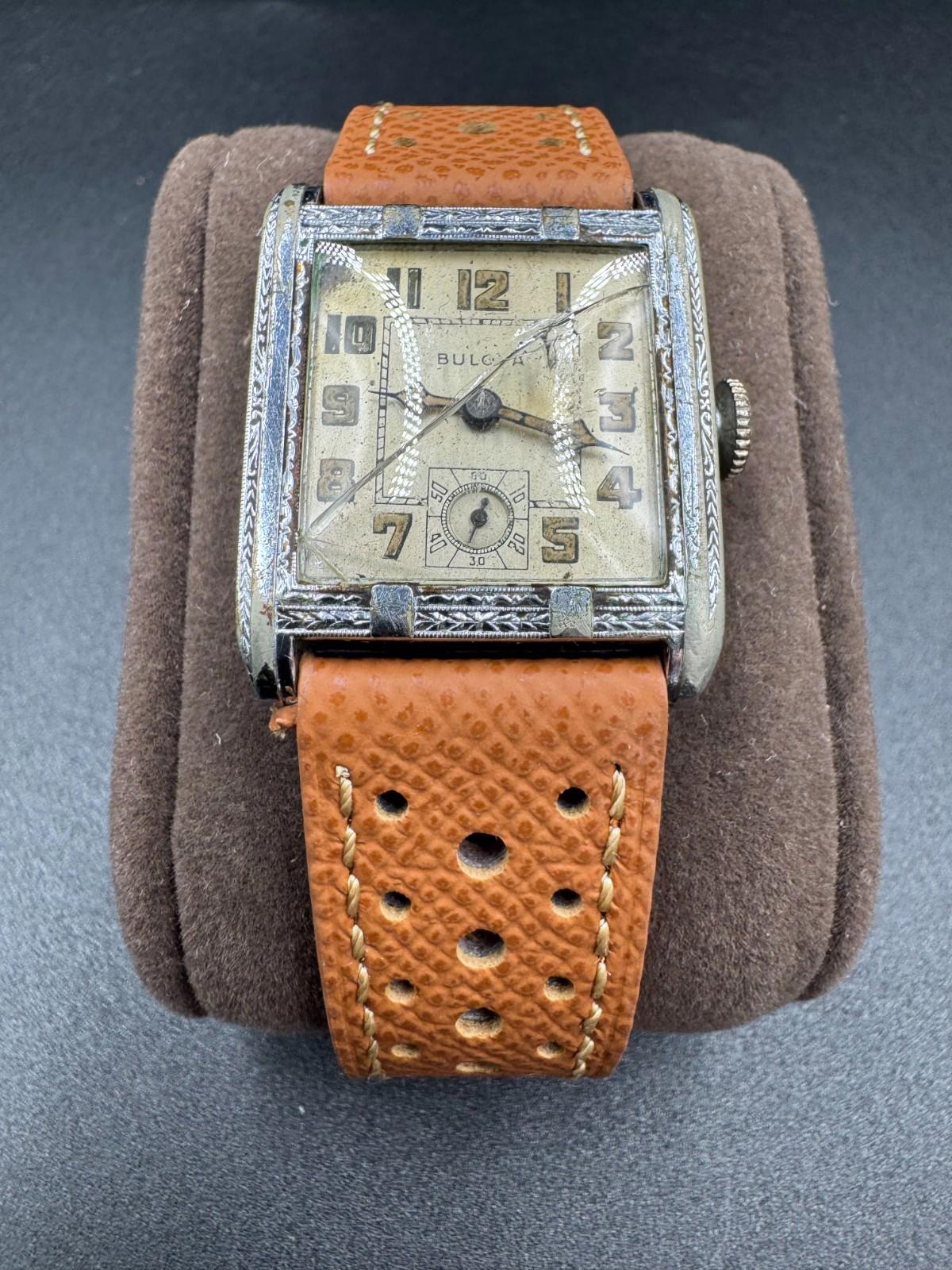 Vintage 1930s Bulova Engraved Tank Pat Jan 11 1927 17J Swiss Non-Running Cracked