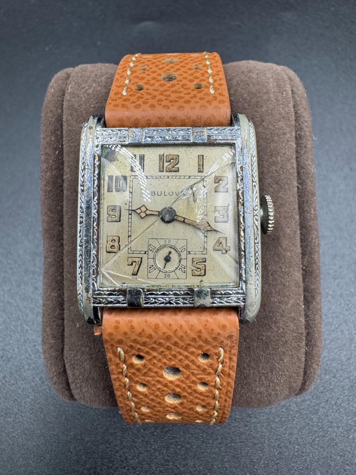 Vintage 1930s Bulova Engraved Tank Pat Jan 11 1927 17J Swiss Non-Running Cracked