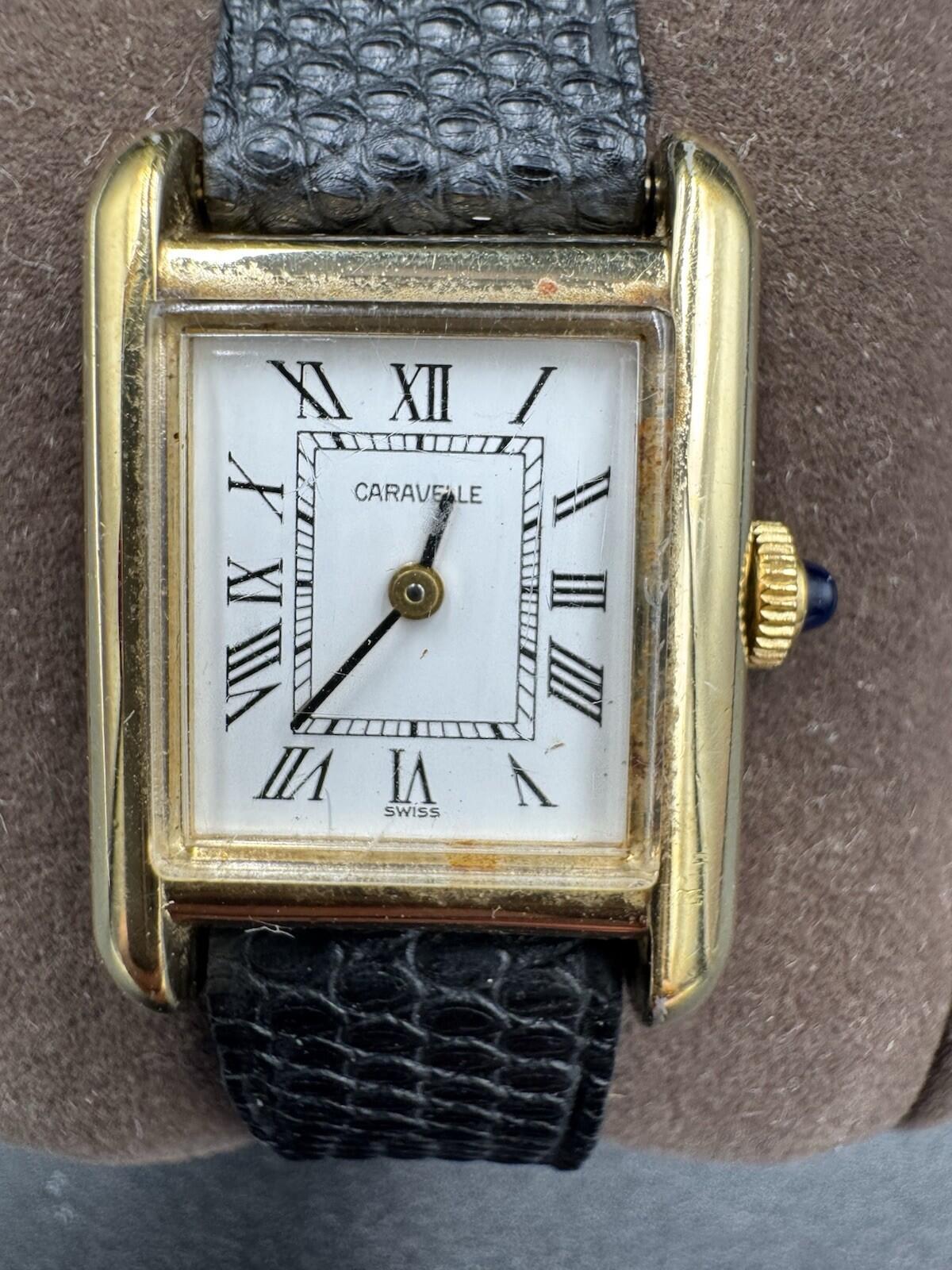 Caravelle Women's Tank Rectangle Watch Gold Tone Roman Numeral Dial Manual Wind