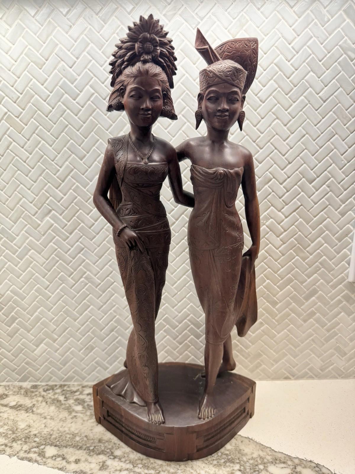 Vintage BALI WOMANS Hand Carved WOOD Sculpture Couple Statue