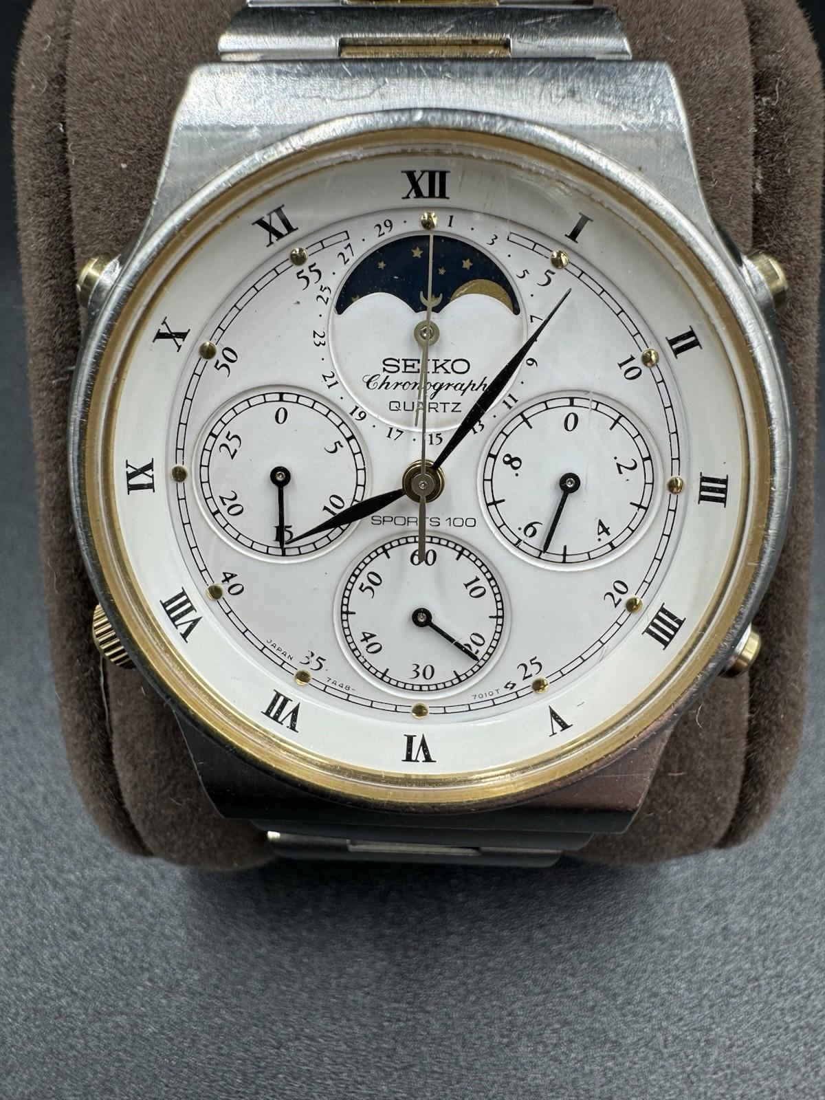 Vintage Seiko Moon Phase Chronograph 7A48-7000 Quartz Date Men's Sports 100 - RD