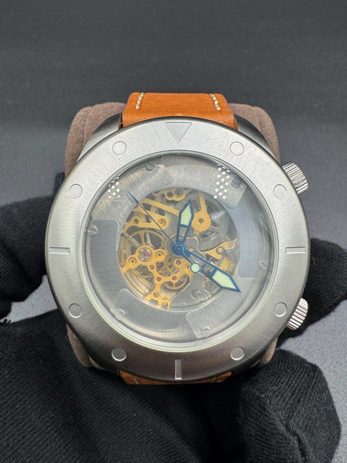 50mm Auto Skeleton Silvertone SHUTTER Fan Blades Brown Strap ANDROID Watch AD526