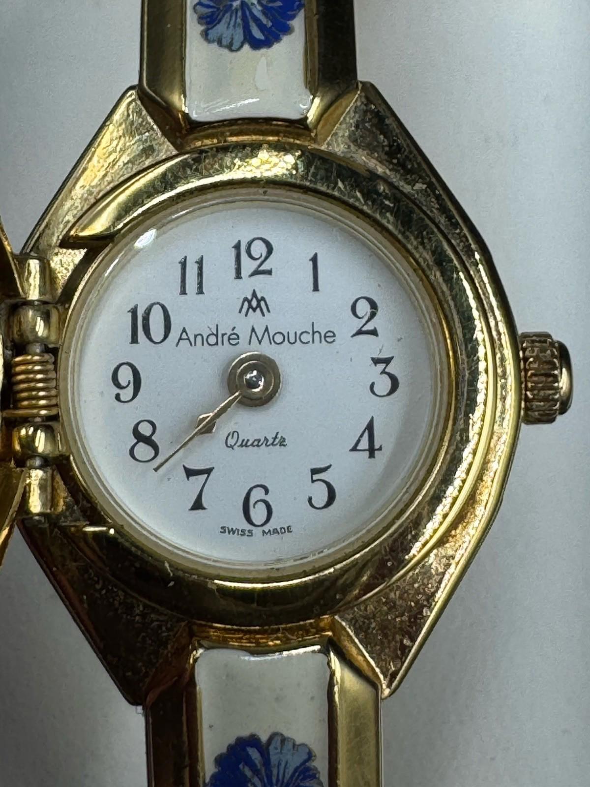 Vintage Andre Mouche Gold Tone Peekaboo Watch White Enamel Blue Flowers with box