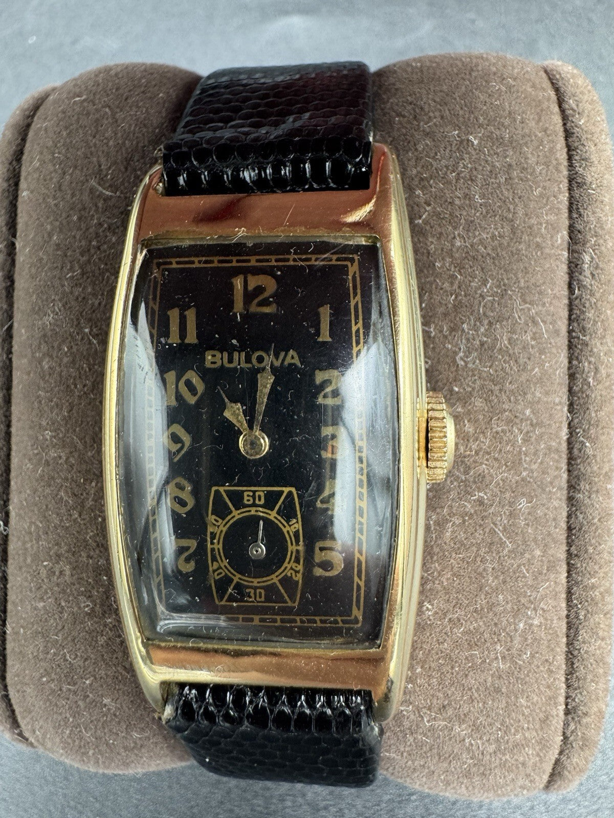 Vintage 1930s Bulova Tank Watch Black Dial Gold Numerals B-10K Rolled Gold Plate