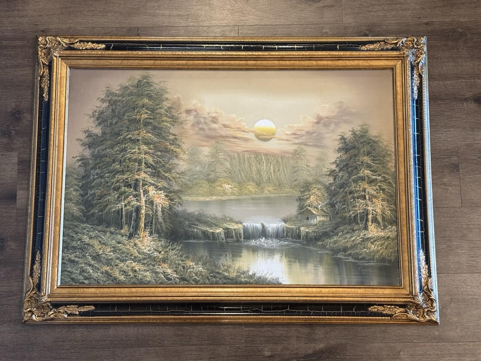 Original Signed “Capri” Oil Painting Forest Lake Cabin Waterfall Sunset Framed G