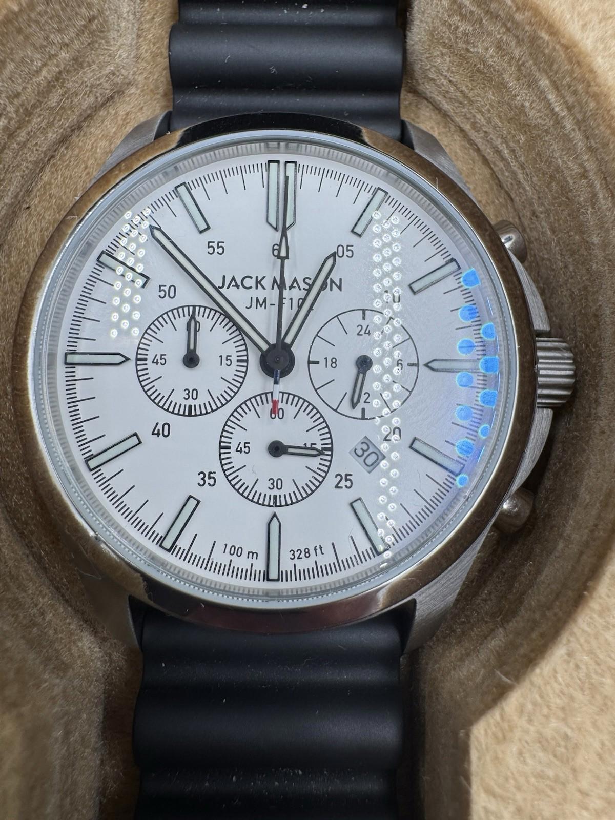 Jack Mason JM-F102 Chronograph Watch White Dial 38mm w/ Box Black Rubber Band OG