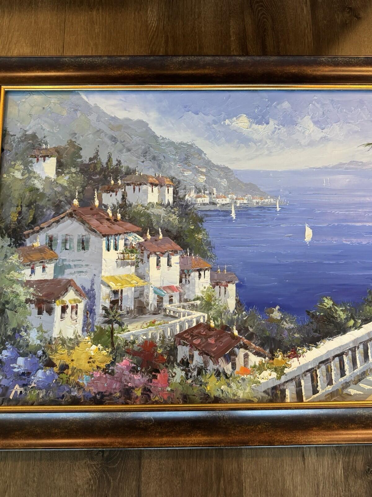 Original Signed Oil Painting Mediterranean Coastal Village Seascape Framed - VG+