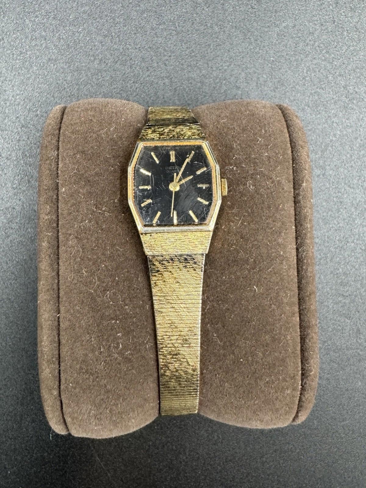Seiko Watch Women 17mm Black Dial Gold Tone Octagon 1421-5530 Needs Servicing Ba