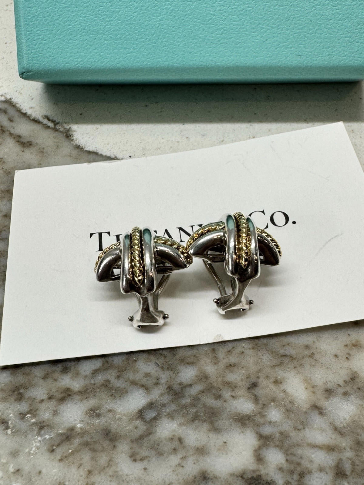 Tiffany & Co. Gold Rope Silver Signature X Clip-on Earrings