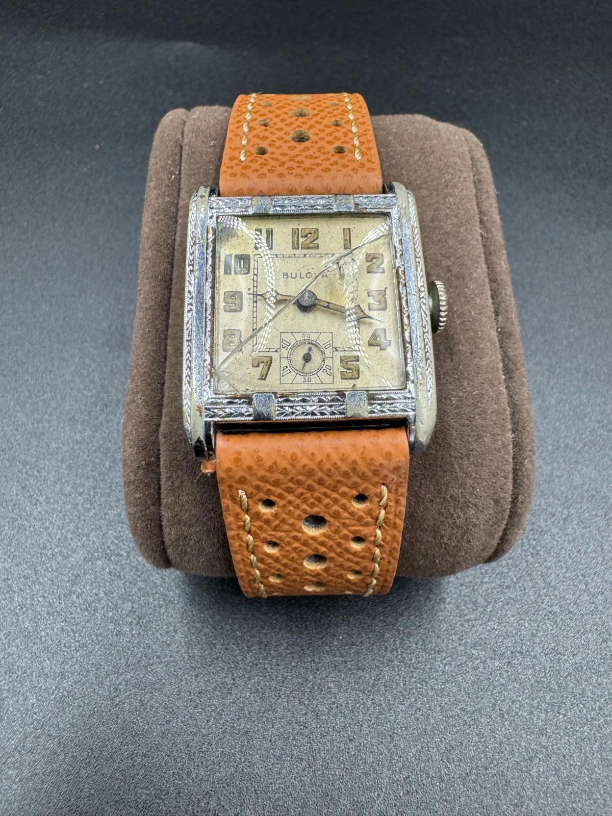 Vintage 1930s Bulova Engraved Tank Pat Jan 11 1927 17J Swiss Non-Running Cracked