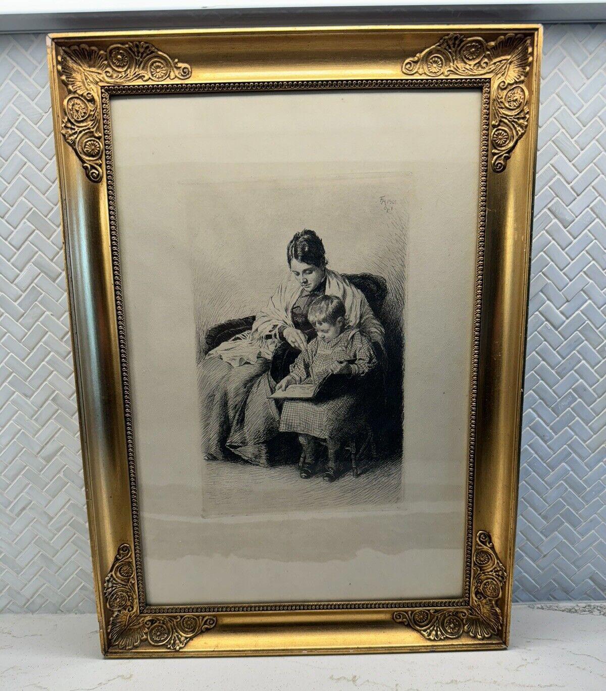 Learning to Read Frants Henningsen Danish Etching 1901