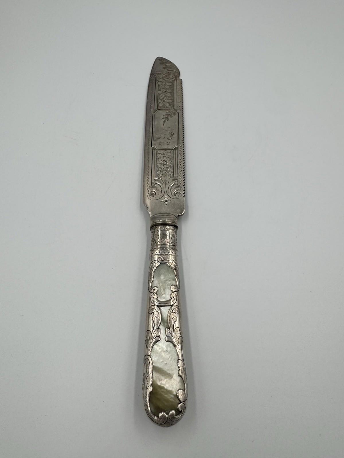 Victorian Mother of Pearl Fruit Cake Bread Knife Sterling Silver Blade Design VG