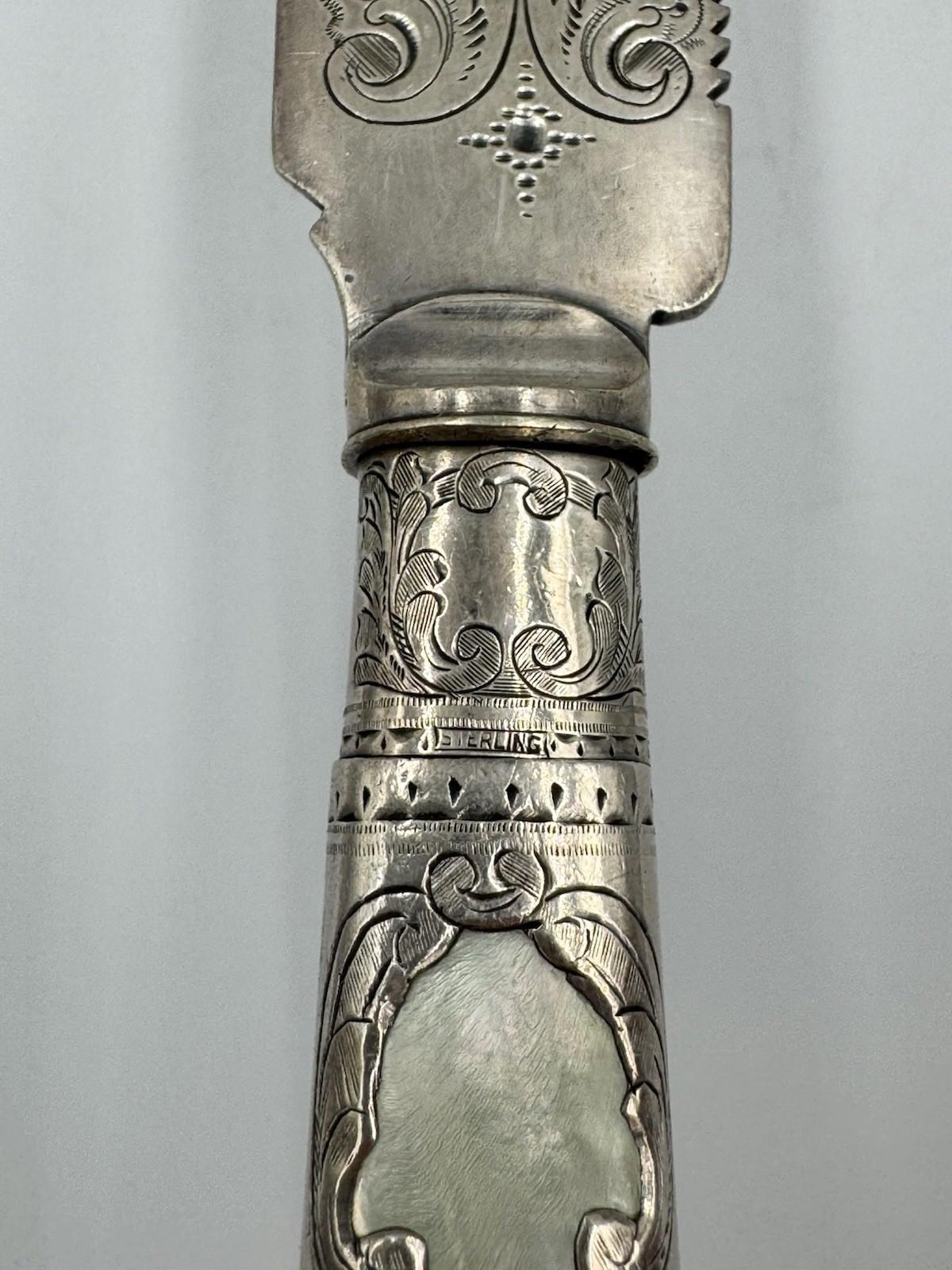 Victorian Mother of Pearl Fruit Cake Bread Knife Sterling Silver Blade Design VG