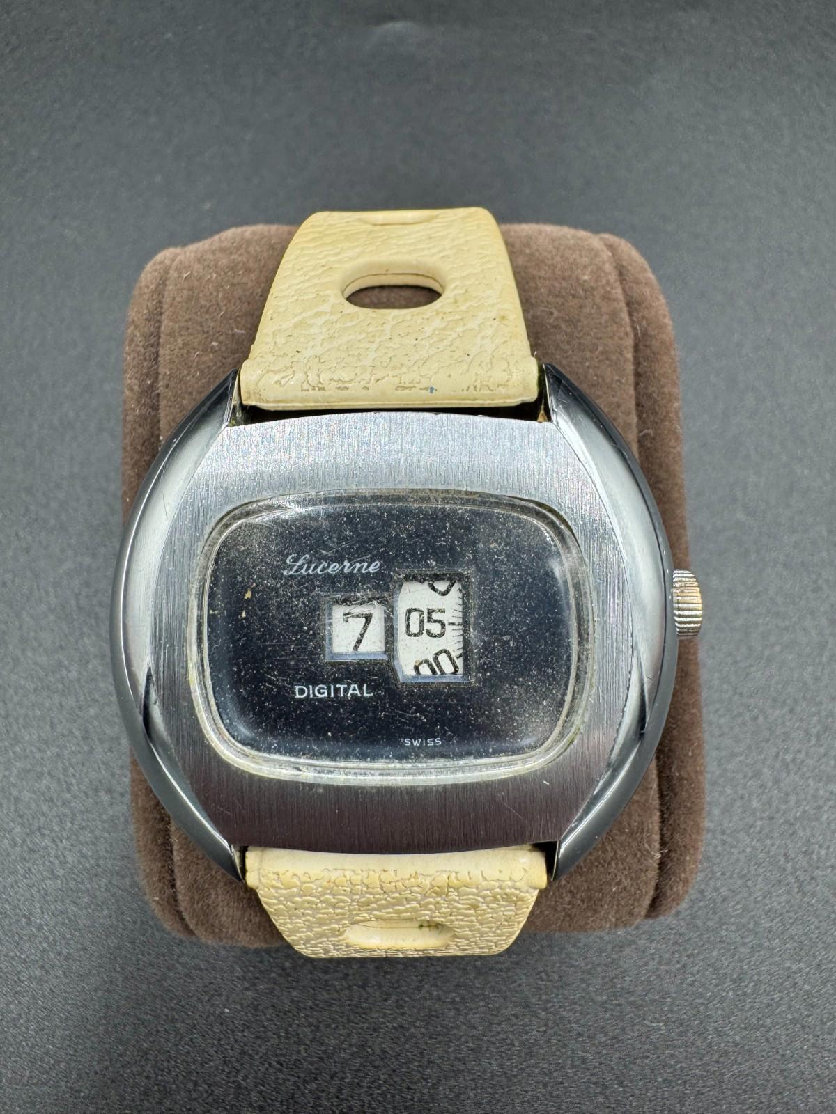 Rare Vintage Lucerne Digital Jumping Hour Swiss Mechanical Watch 1970s Not Workn