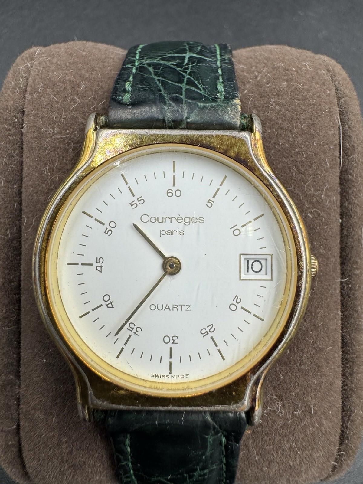 Vintage Courreges Paris Quartz Date Watch Swiss Made White Dial Green Band Great