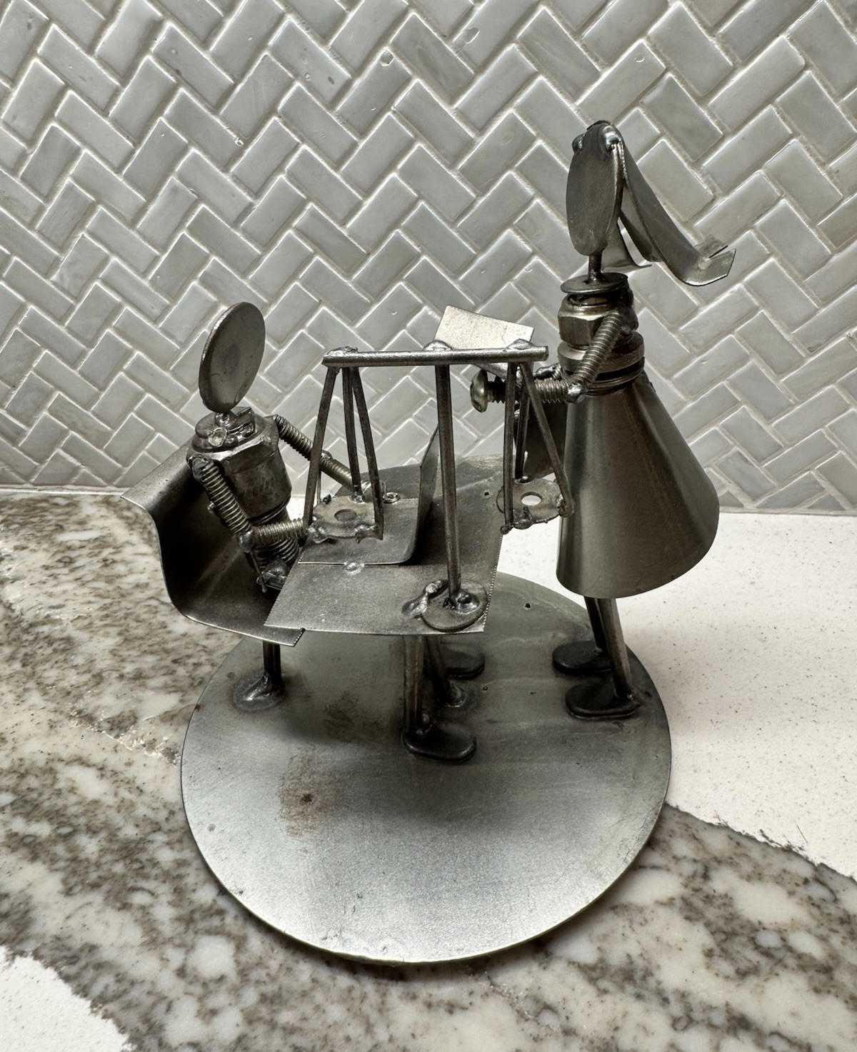 Metal Sculpture Art Recycled Handcrafted Figure Rustic Buss.