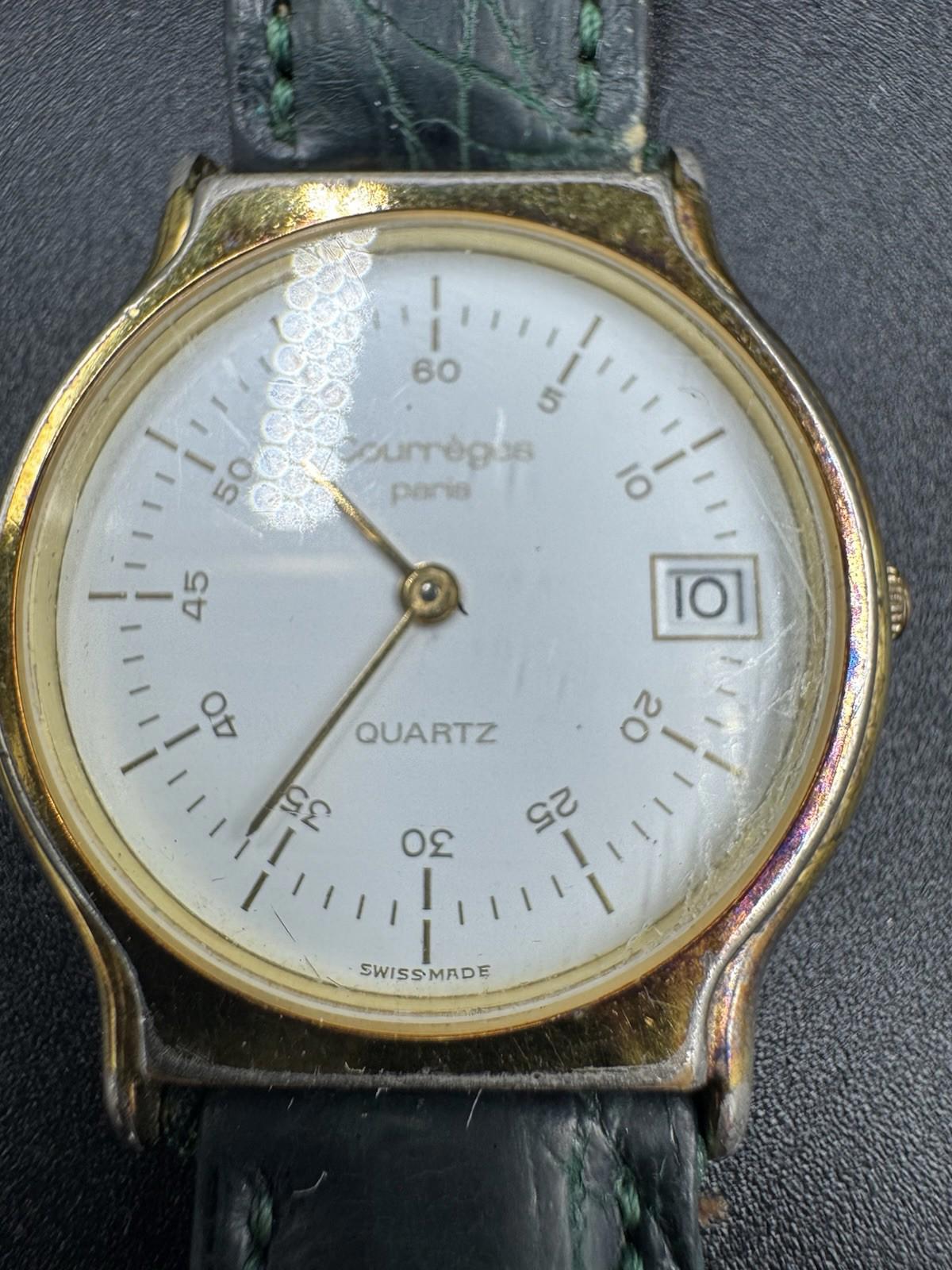 Vintage Courreges Paris Quartz Date Watch Swiss Made White Dial Green Band Great
