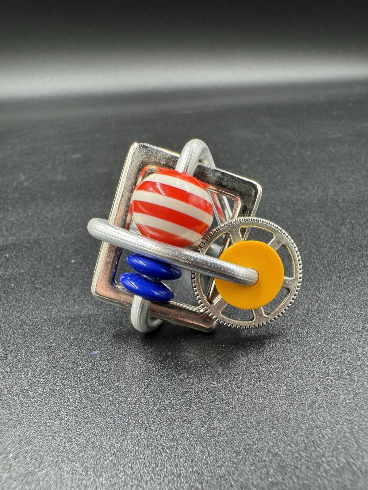 Handmade Bauhaus Inspired Aluminum Puzzle Ring Argentine Designer Striped Bead M