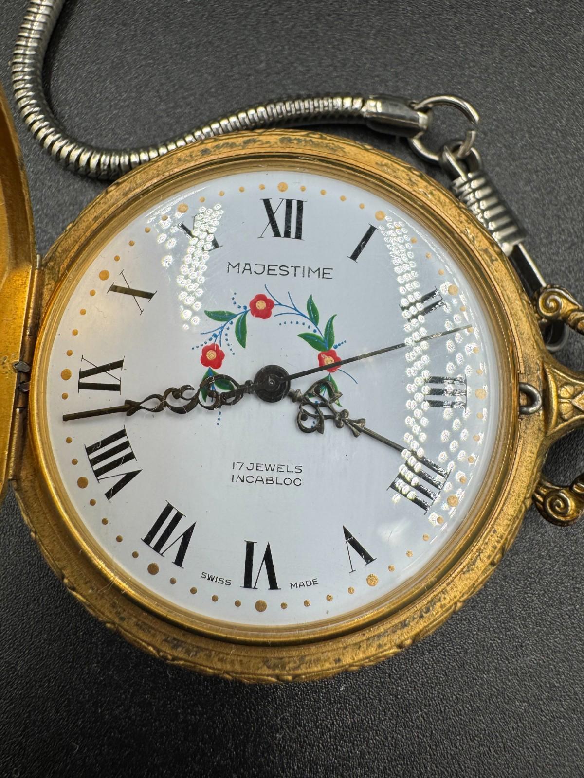 Vintage Majestime Swiss 17 Jewels Incabloc Deer Hunter Pocket Watch Chain To Dad
