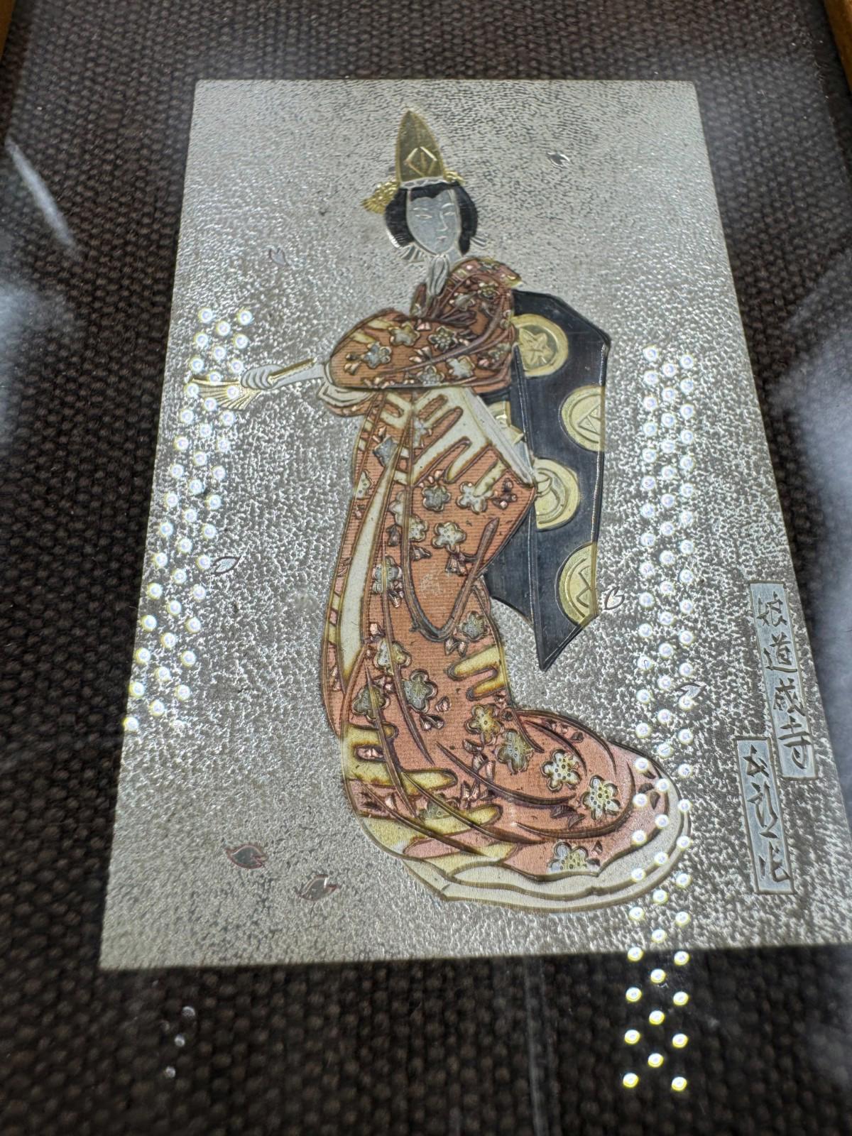 Vintage Japanese Damascene Geisha Plaque Real Silver Gold Inlay Framed K24 Japan