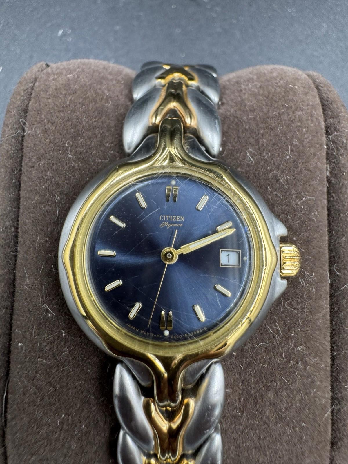 Vintage Citizen Elegance Ladies Two-Tone Quartz Watch Blue Dial GN-0-S 1990s VG