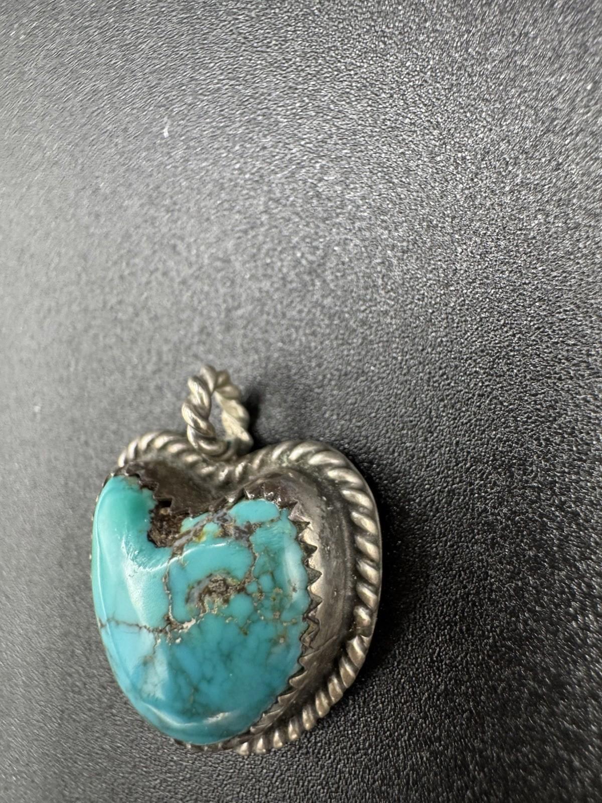 Vintage Navajo Turquoise Heart Pendant Silver Marked AG 5.39g See Condition VG+