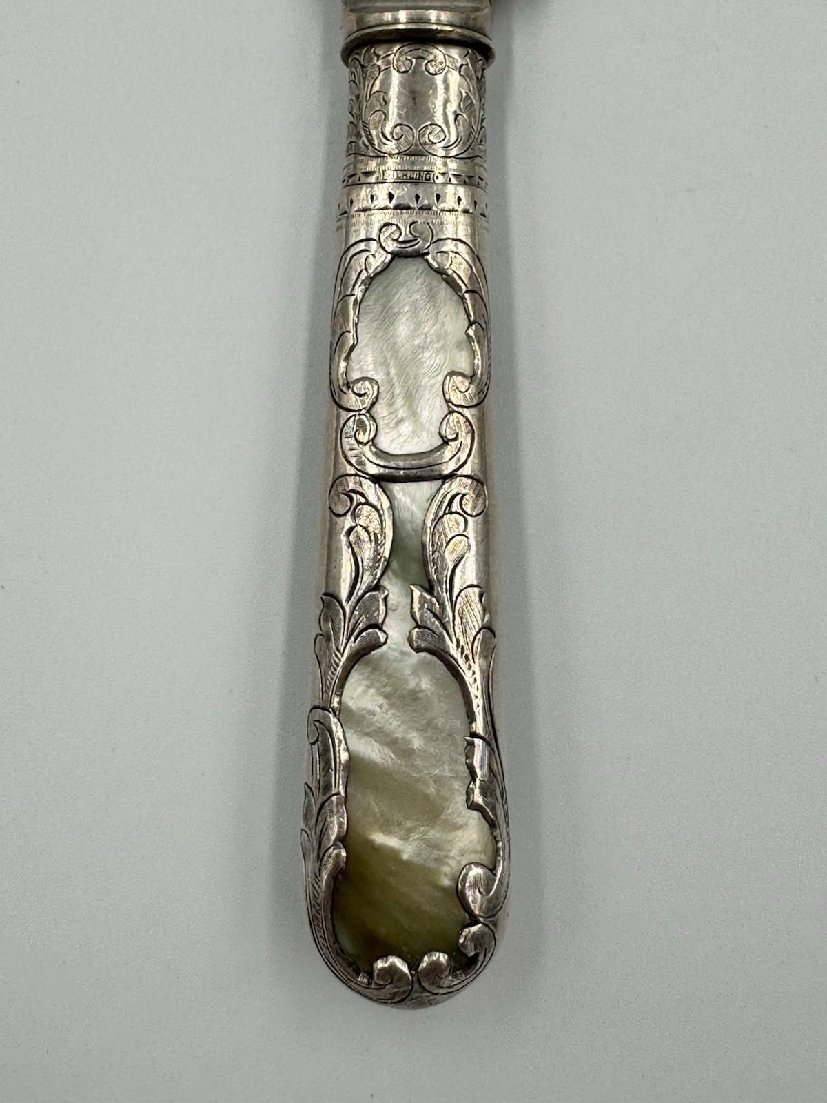 Victorian Mother of Pearl Fruit Cake Bread Knife Sterling Silver Blade Design VG