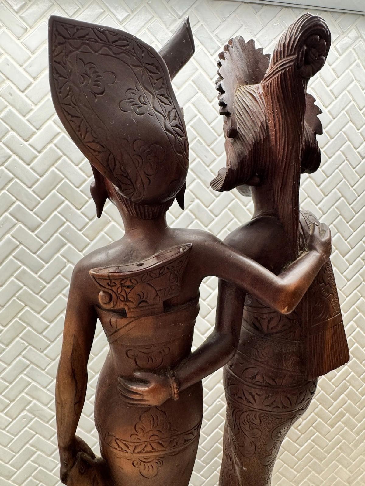 Vintage BALI WOMANS Hand Carved WOOD Sculpture Couple Statue