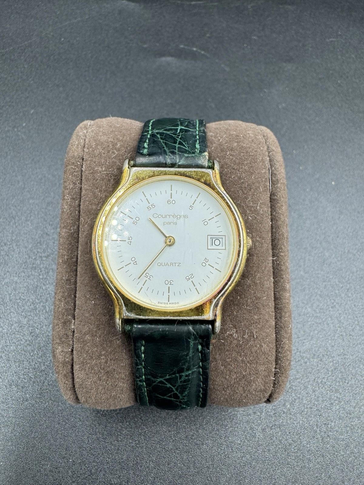 Vintage Courreges Paris Quartz Date Watch Swiss Made White Dial Green Band Great