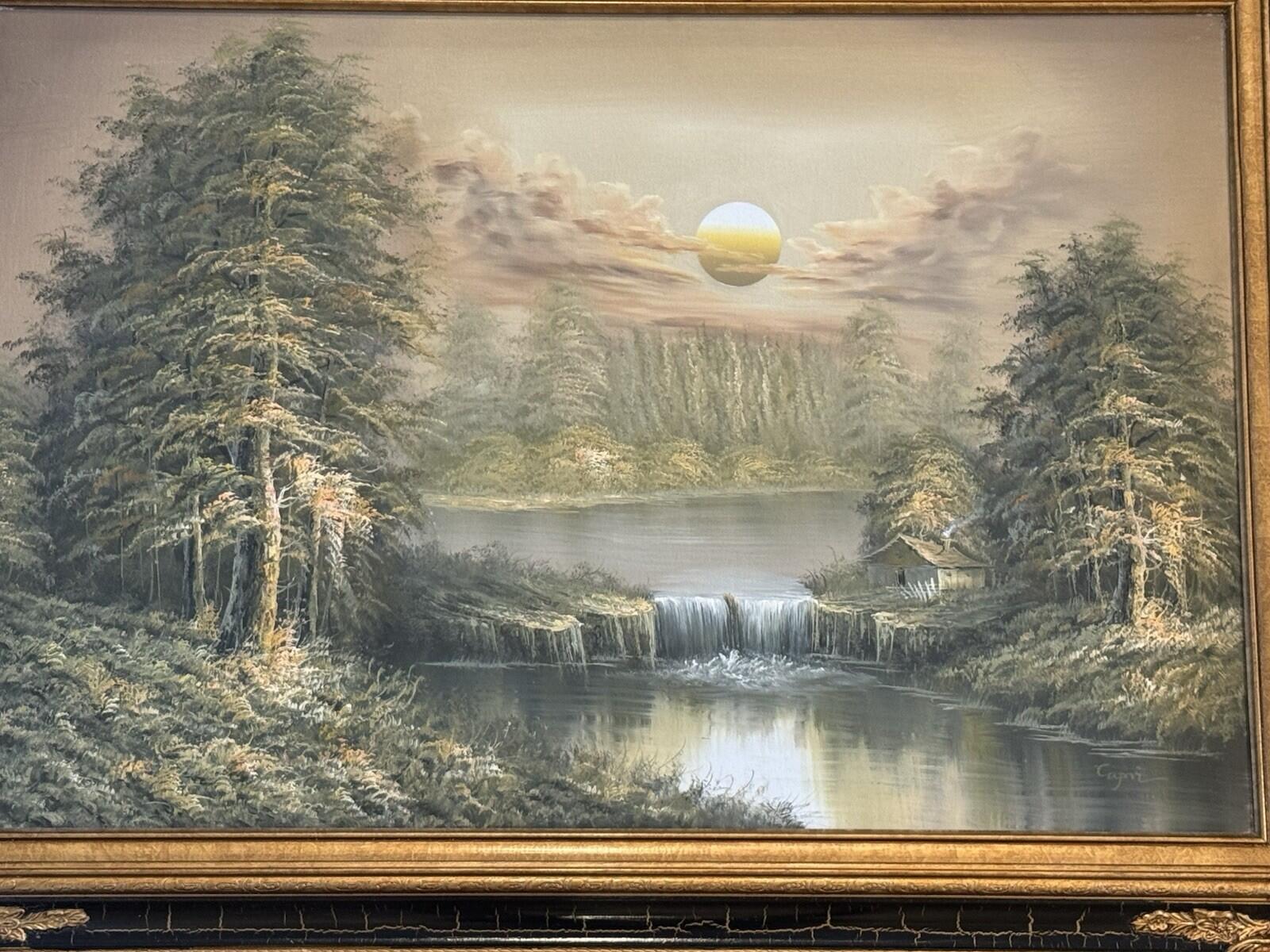 Original Signed “Capri” Oil Painting Forest Lake Cabin Waterfall Sunset Framed G