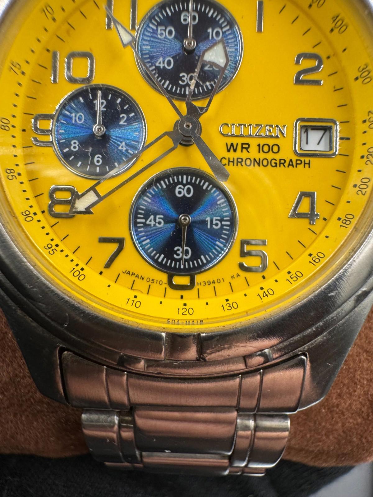 Citizen Mens Sport Chronograph Watch Yellow Panda Dial Date 38mm SS Bracelet WR