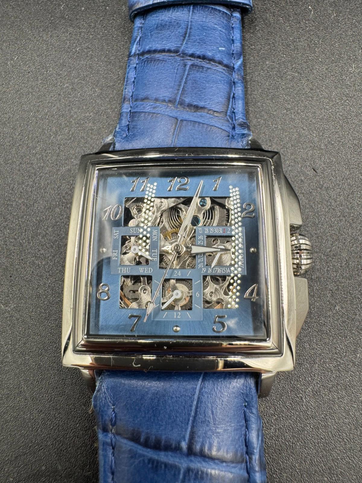 38mm Square SLVR/BLUE Auto Day Date 24-hour Blue Strap LOUIE BOLLE Mens Watches