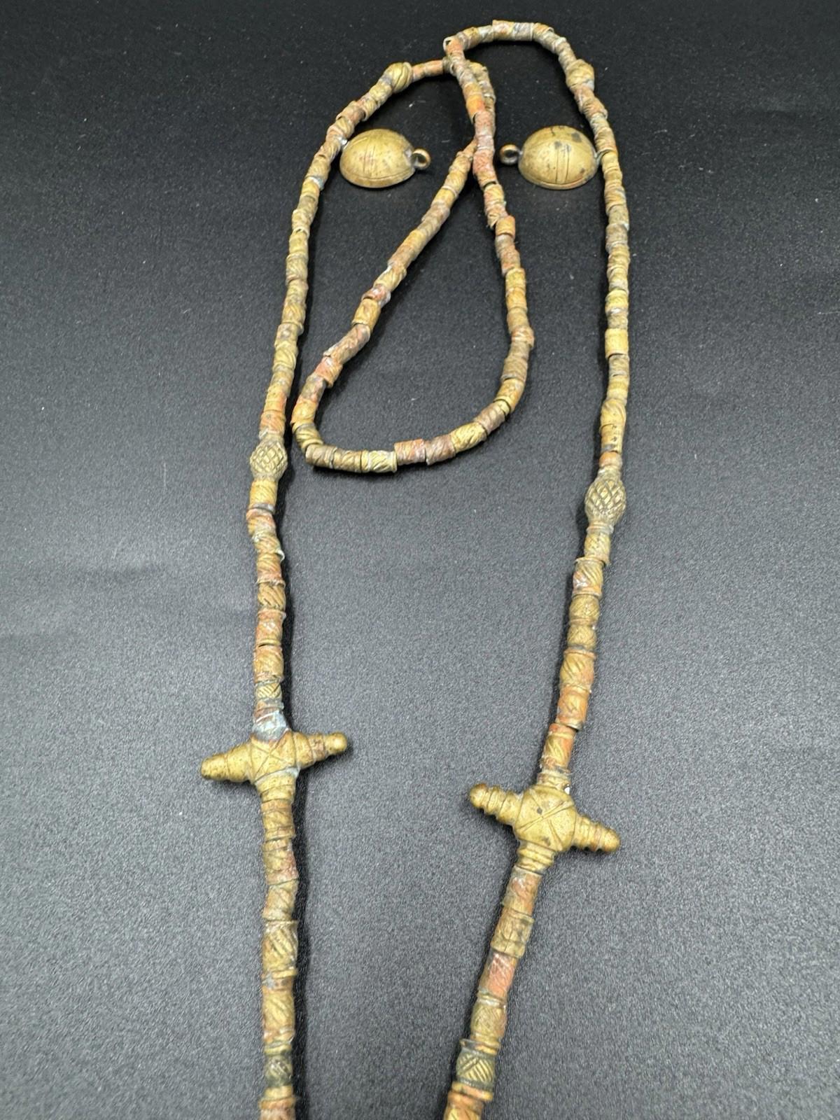 Tuareg Bronze Bead Necklace w/ "de la" Coin Bull Amulet Rare