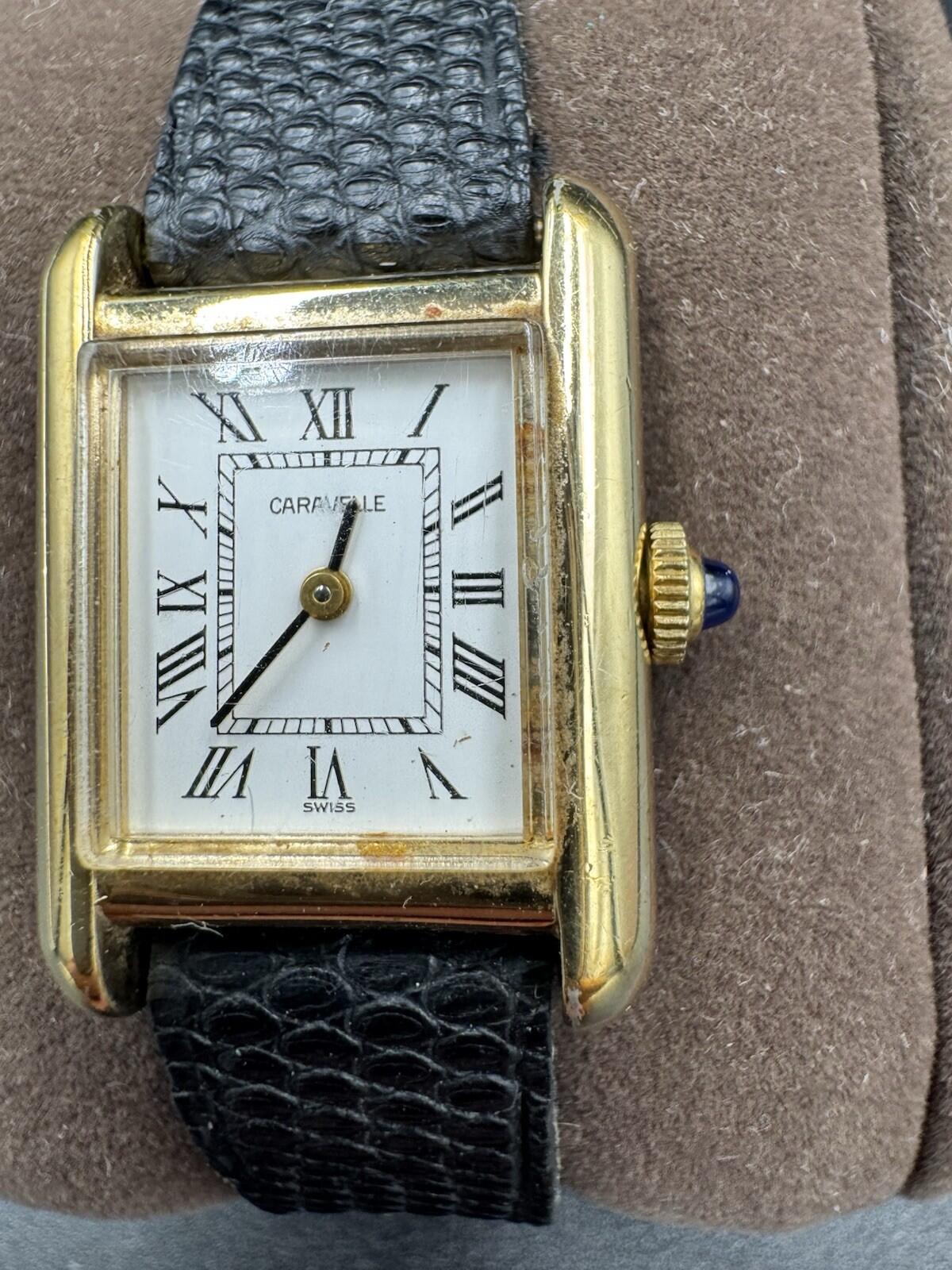 Caravelle Women's Tank Rectangle Watch Gold Tone Roman Numeral Dial Manual Wind