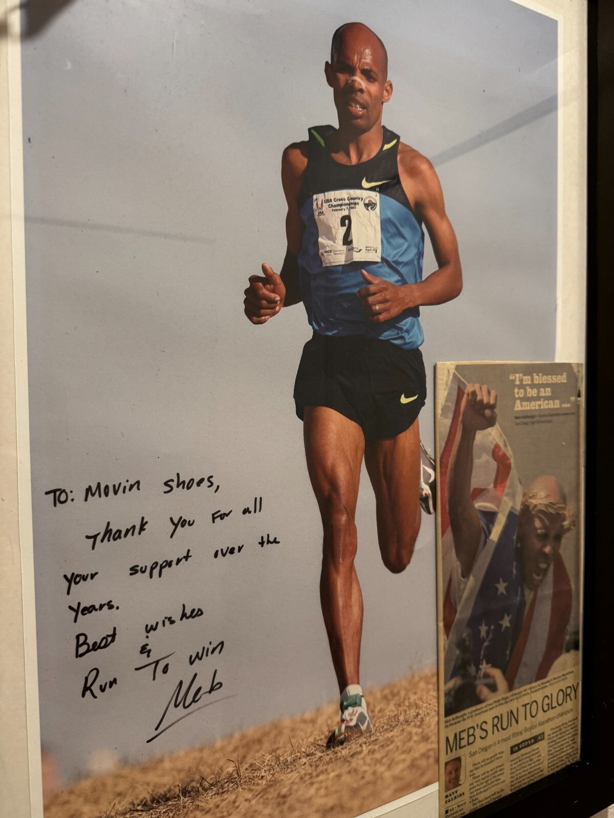 Meb Keflezighi Signed Photo Movin Shoes 2014 Boston VIP Display with Lineyard VG