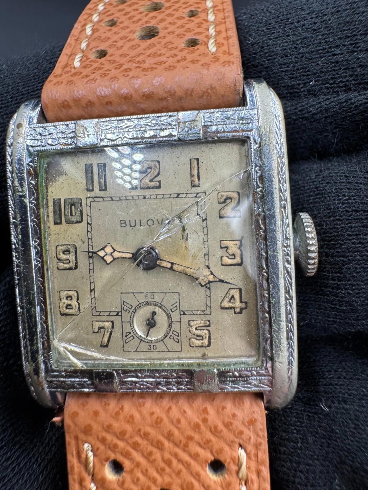 Vintage 1930s Bulova Engraved Tank Pat Jan 11 1927 17J Swiss Non-Running Cracked