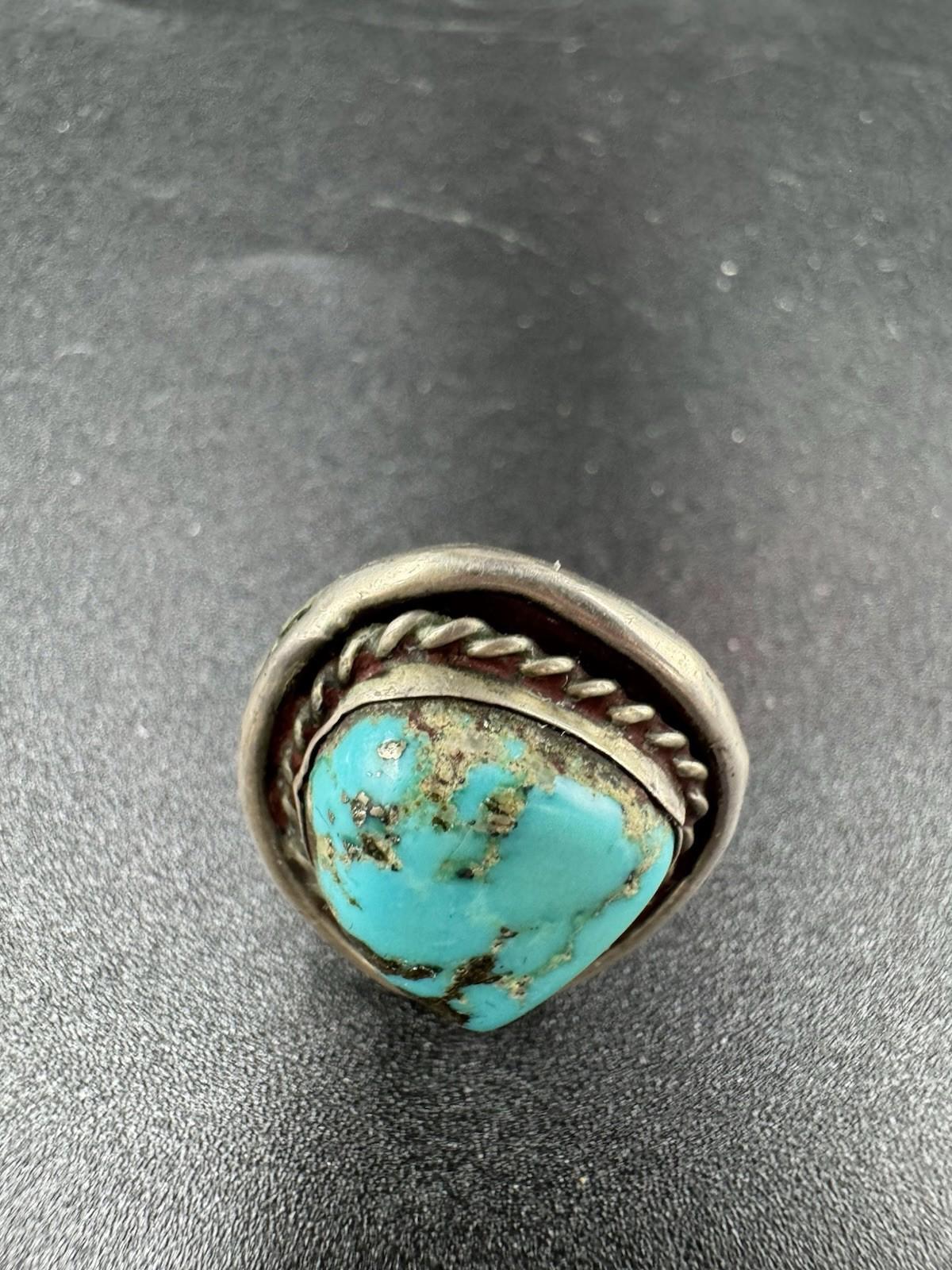 Vintage Navajo Turquoise Ring Sterling Silver Natural Stone Matrix Twisted Rope