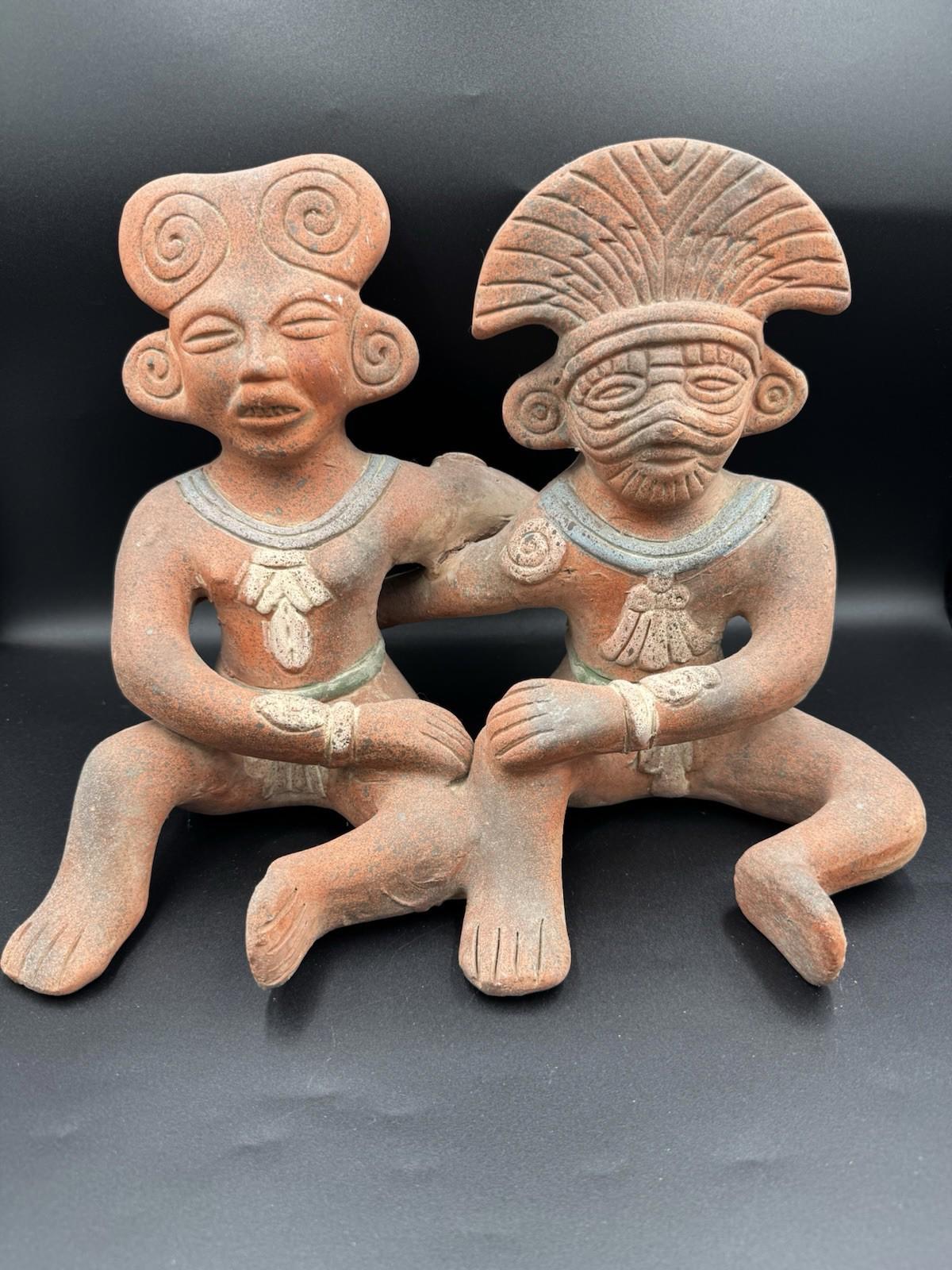 Vintage Mexican Folk Art Pre-Columbian Style Mayan Couple Connected Figurine