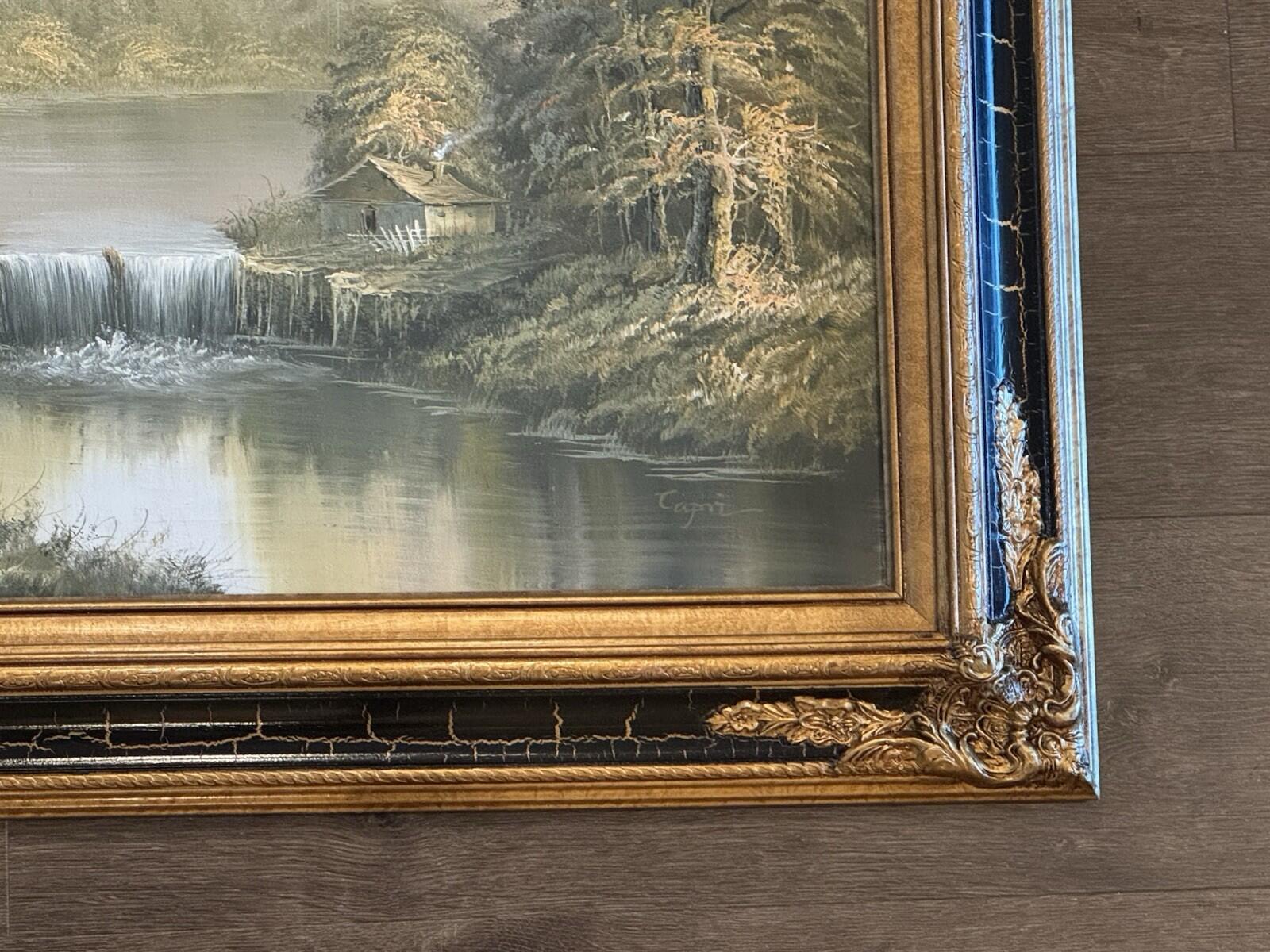 Original Signed “Capri” Oil Painting Forest Lake Cabin Waterfall Sunset Framed G