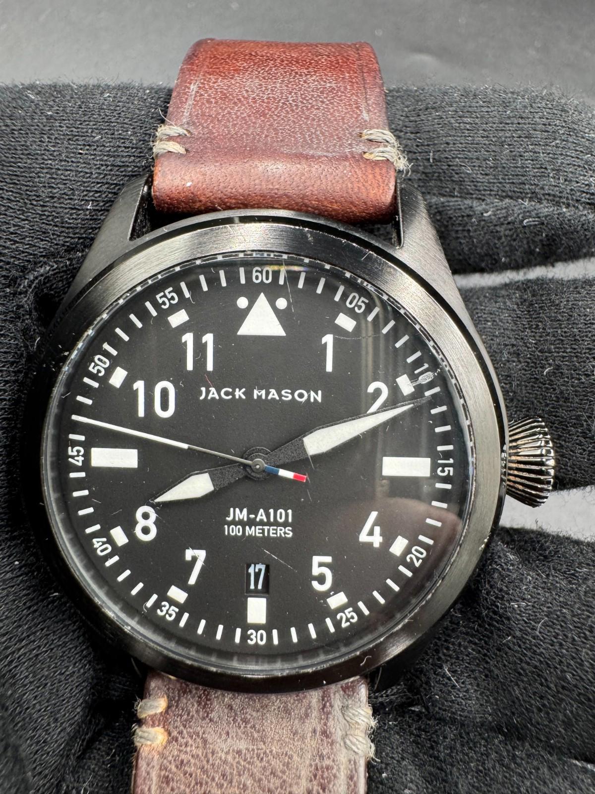 Jack Mason JM-A101 Aviation Black PVD Pilot Watch Leather Strap 42mm - Rare VG+