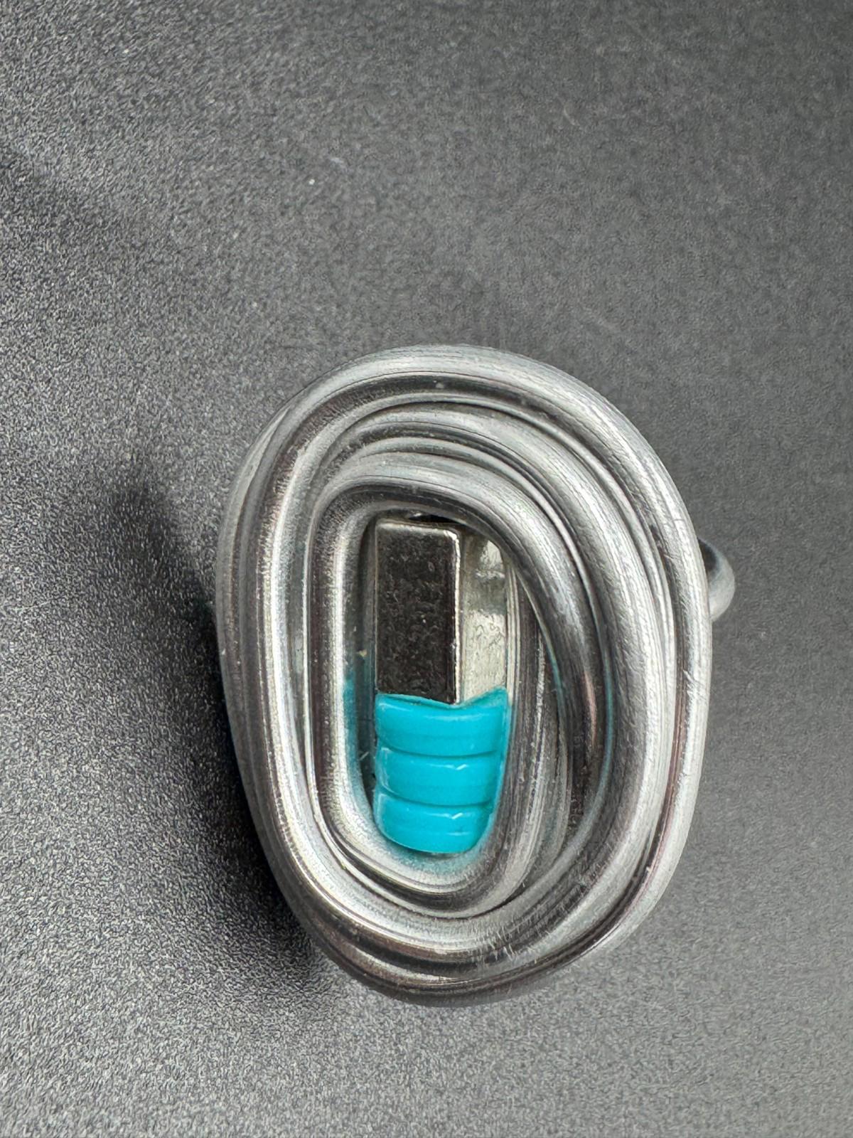 Handmade Bauhaus Inspired Aluminum Puzzle Ring Argentine Designer Teal Disc NM+