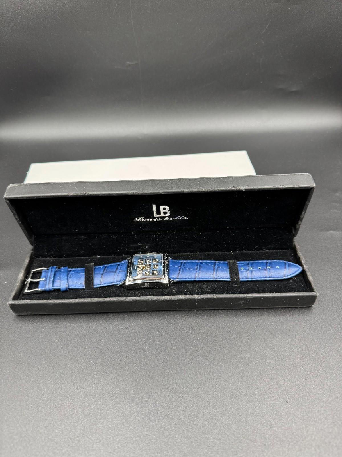 38mm Square SLVR/BLUE Auto Day Date 24-hour Blue Strap LOUIE BOLLE Mens Watches