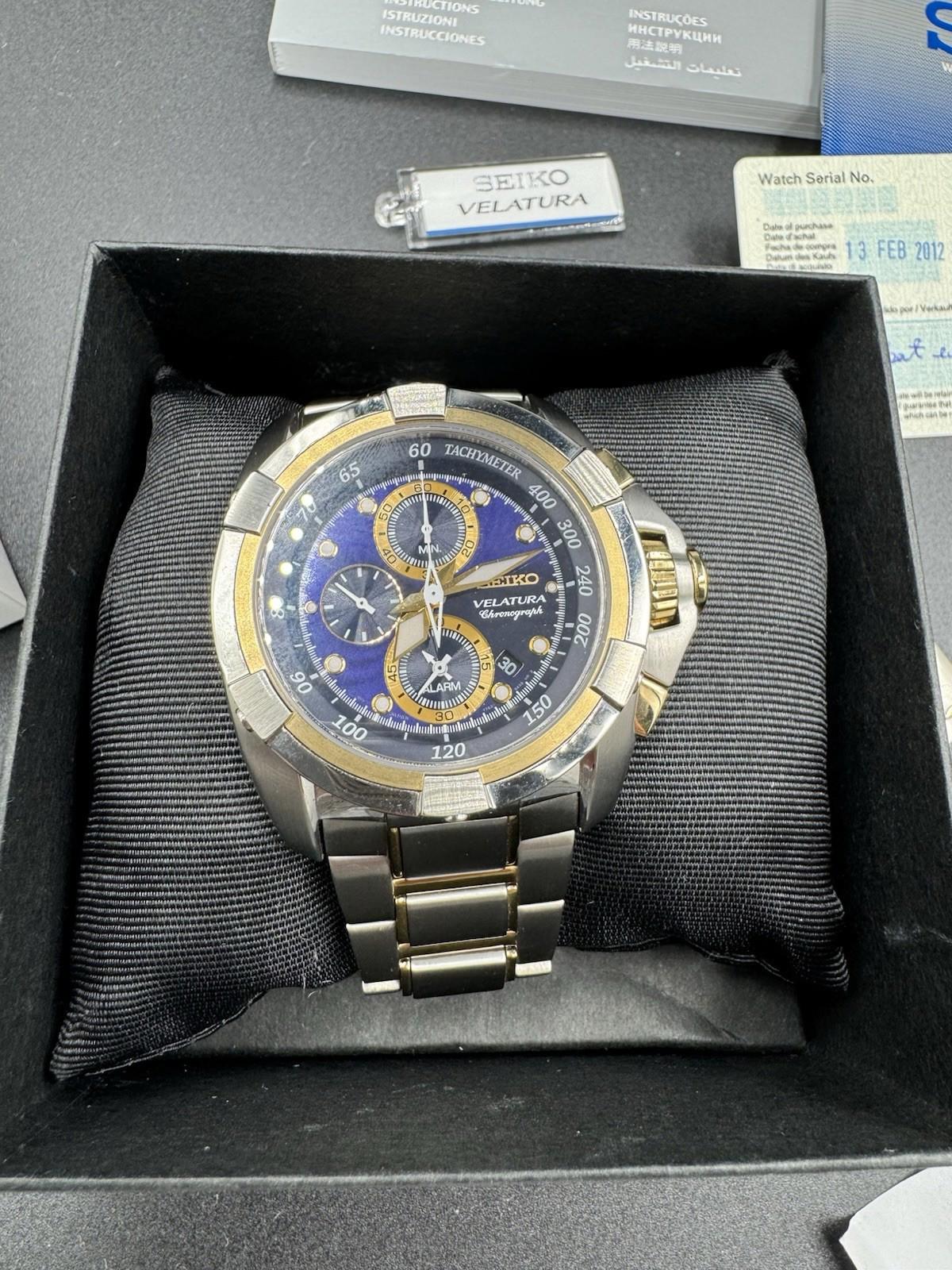 Seiko Velatura SNDX99 Chronograph Blue Dial Quartz Watch w/ Box Papers 7T62-0HD0