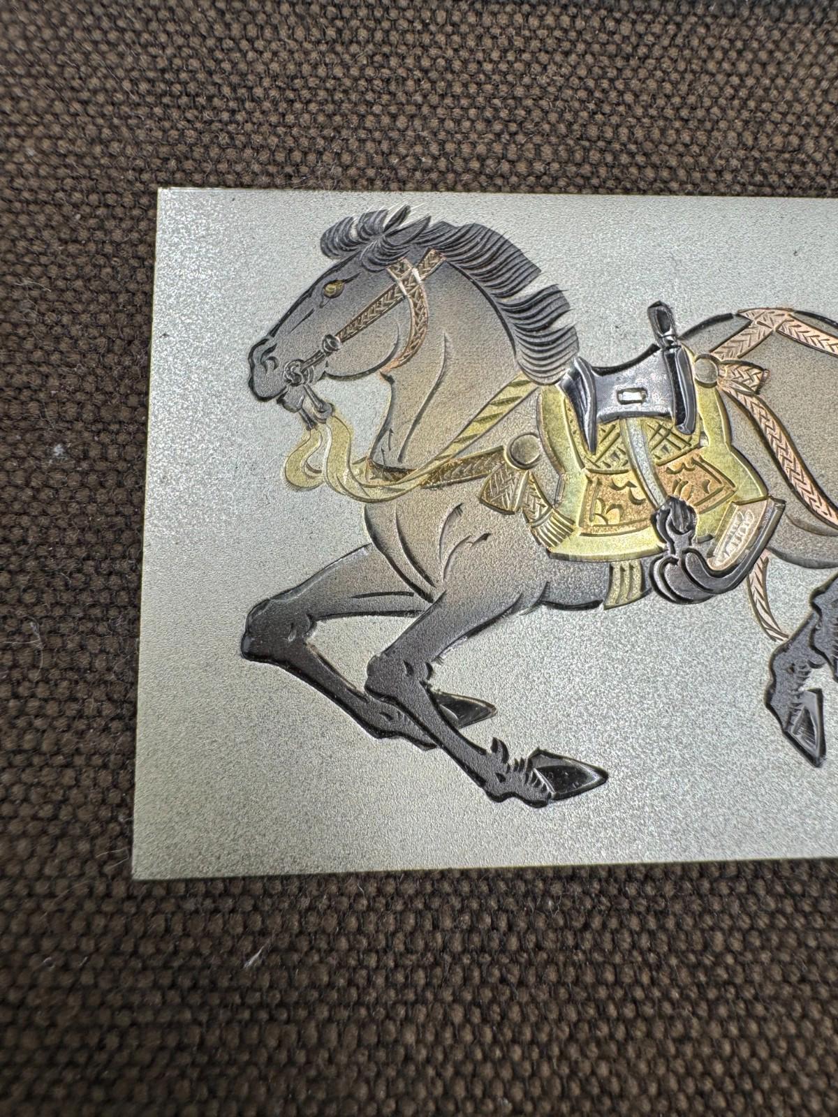 Vintage Japanese Damascene Horse Rider Plaque Silver Gold Inlay Framed K24 Japan