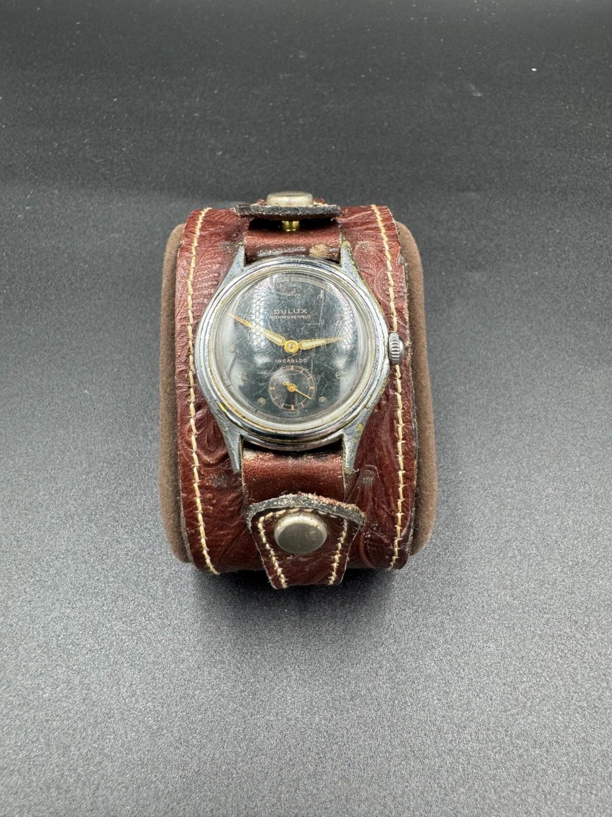 Vintage 1950s Dulux Antimagnetique Incabloc Black Gilt Dial Rau Fastener Bund St
