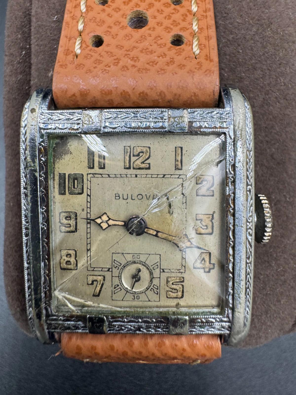 Vintage 1930s Bulova Engraved Tank Pat Jan 11 1927 17J Swiss Non-Running Cracked