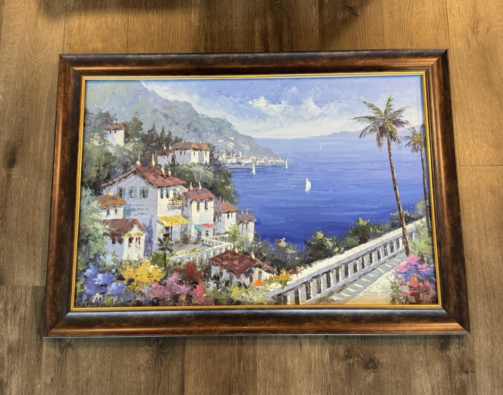 Original Signed Oil Painting Mediterranean Coastal Village Seascape Framed - VG+